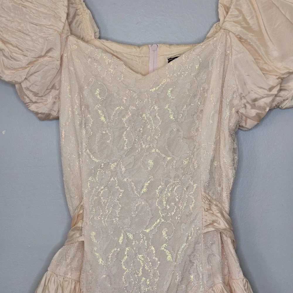 Vtg 80s Mayvens of California Iridescent Peach Pink Lace Puff Sleeve Prom Dress - Picture 3 of 14